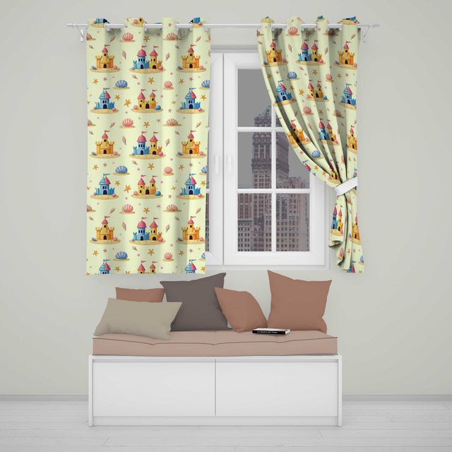 Cute Sandcastles Seashells and Starfish Beach Theme Seamless Pattern  Readymade Eyelet Ring Top Thermal 100% Blackout Curtains