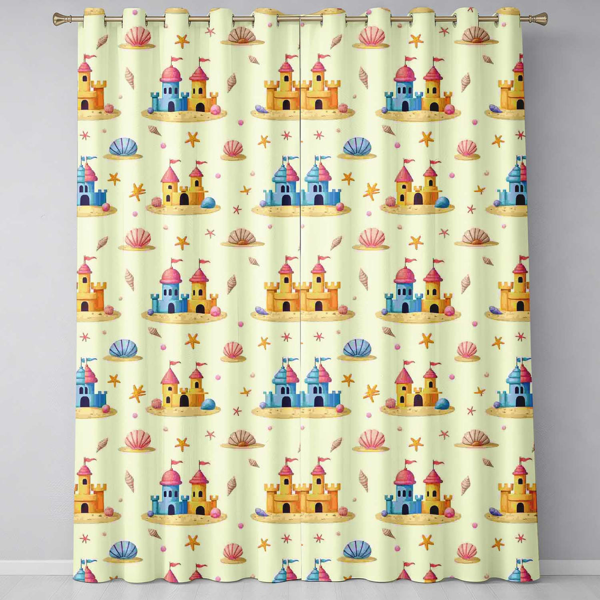 Cute Sandcastles Seashells and Starfish Beach Theme Seamless Pattern  Readymade Eyelet Ring Top Thermal 100% Blackout Curtains