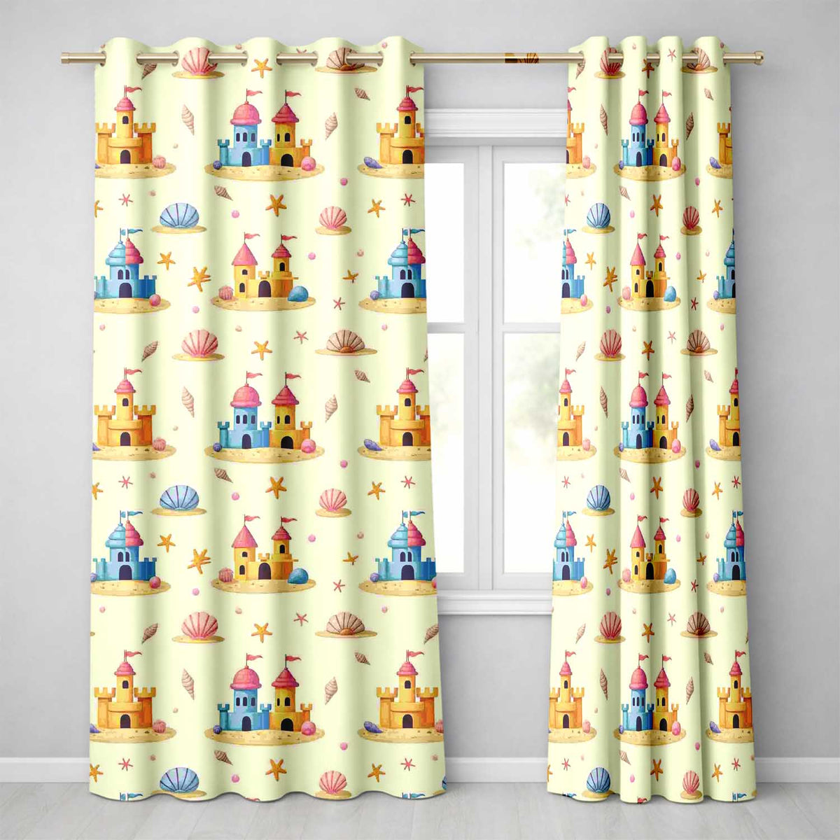 Cute Sandcastles Seashells and Starfish Beach Theme Seamless Pattern  Readymade Eyelet Ring Top Thermal 100% Blackout Curtains
