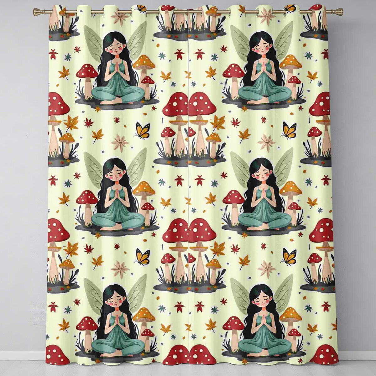 Cute Fairy with Mushrooms Butterflies Autumn Leaves Seamless Pattern  Readymade Eyelet Ring Top Thermal 100% Blackout Curtains
