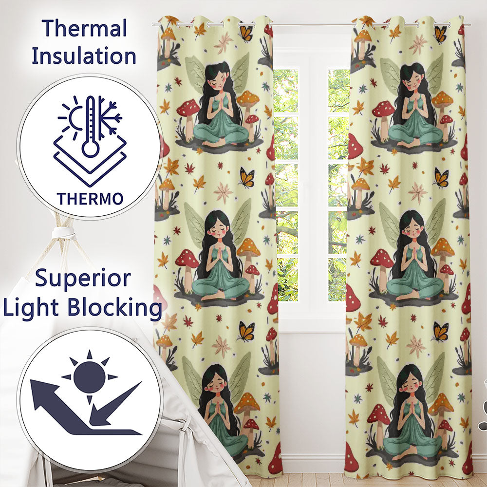 Cute Fairy with Mushrooms Butterflies Autumn Leaves Seamless Pattern  Readymade Eyelet Ring Top Thermal 100% Blackout Curtains