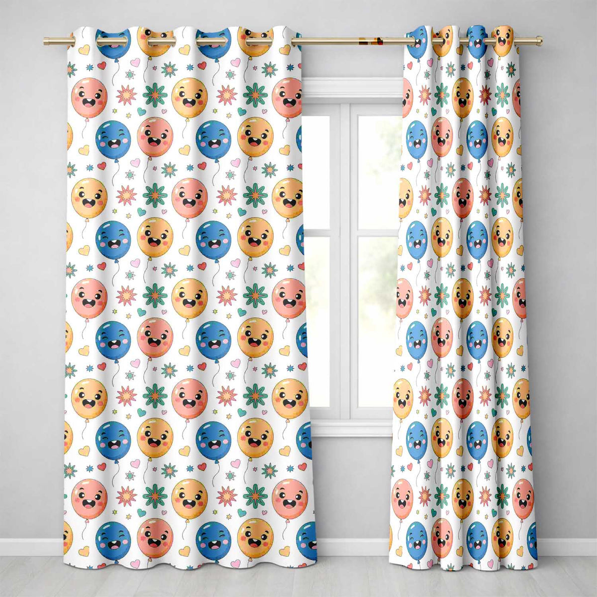 Cute Smiling Balloons Hearts and Stars Fun Party Seamless Pattern  Readymade Eyelet Ring Top Thermal 100% Blackout Curtains