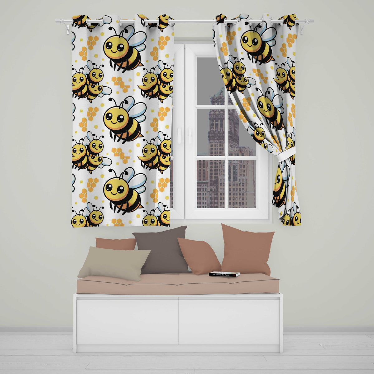 Cute Kawaii Bees Honeycomb Sweet Nature Seamless Pattern  Readymade Eyelet Ring Top Thermal 100% Blackout Curtains