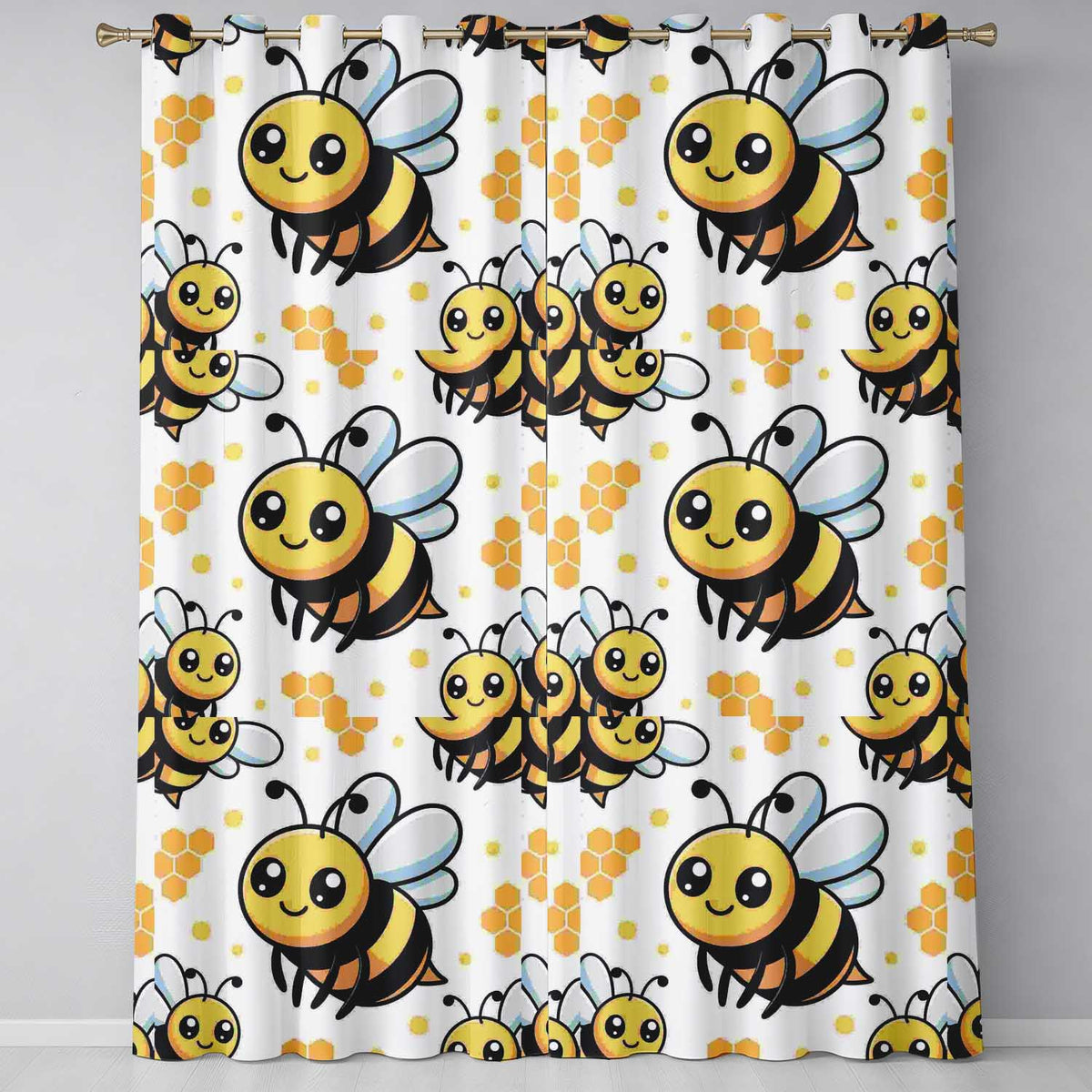 Cute Kawaii Bees Honeycomb Sweet Nature Seamless Pattern  Readymade Eyelet Ring Top Thermal 100% Blackout Curtains
