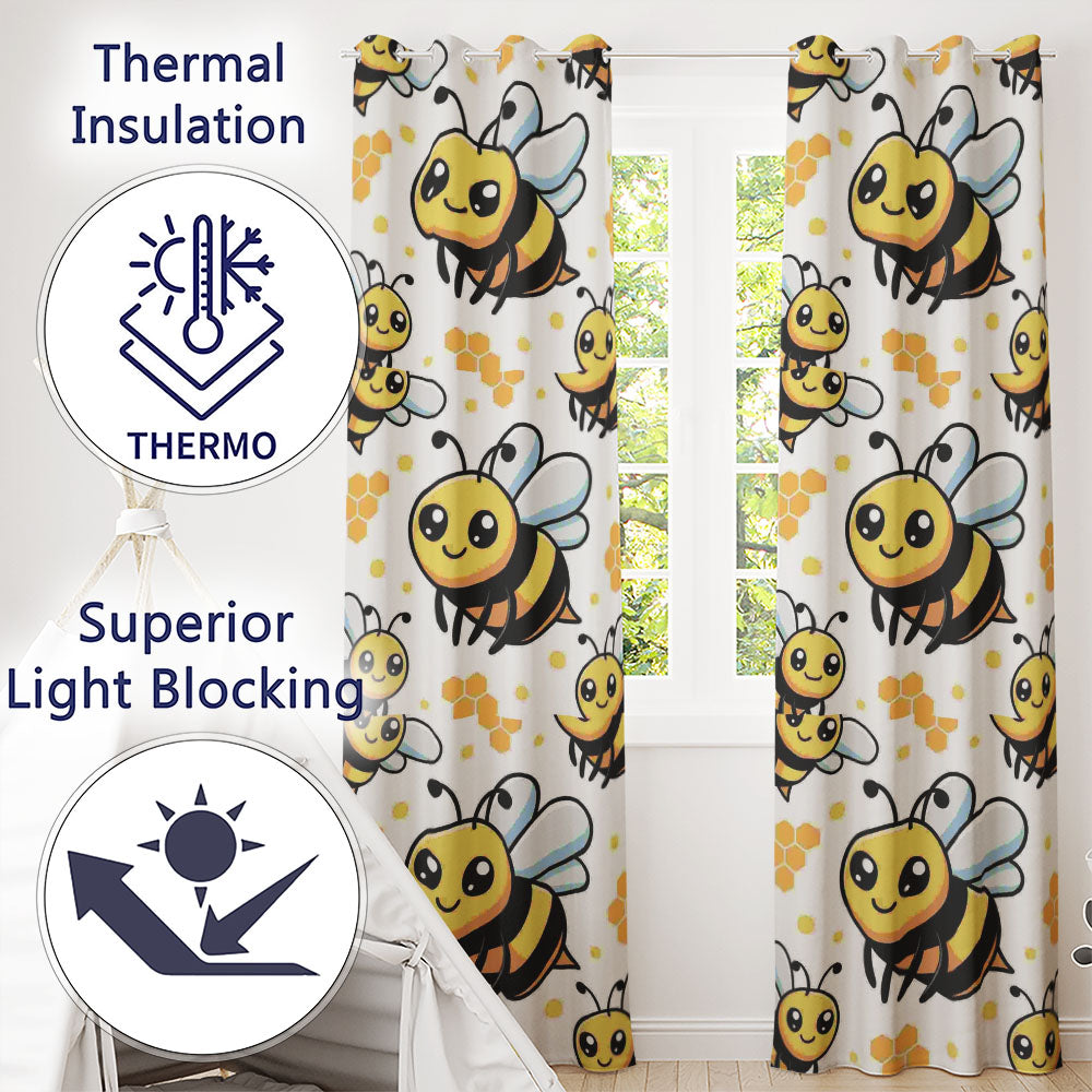 Cute Kawaii Bees Honeycomb Sweet Nature Seamless Pattern  Readymade Eyelet Ring Top Thermal 100% Blackout Curtains