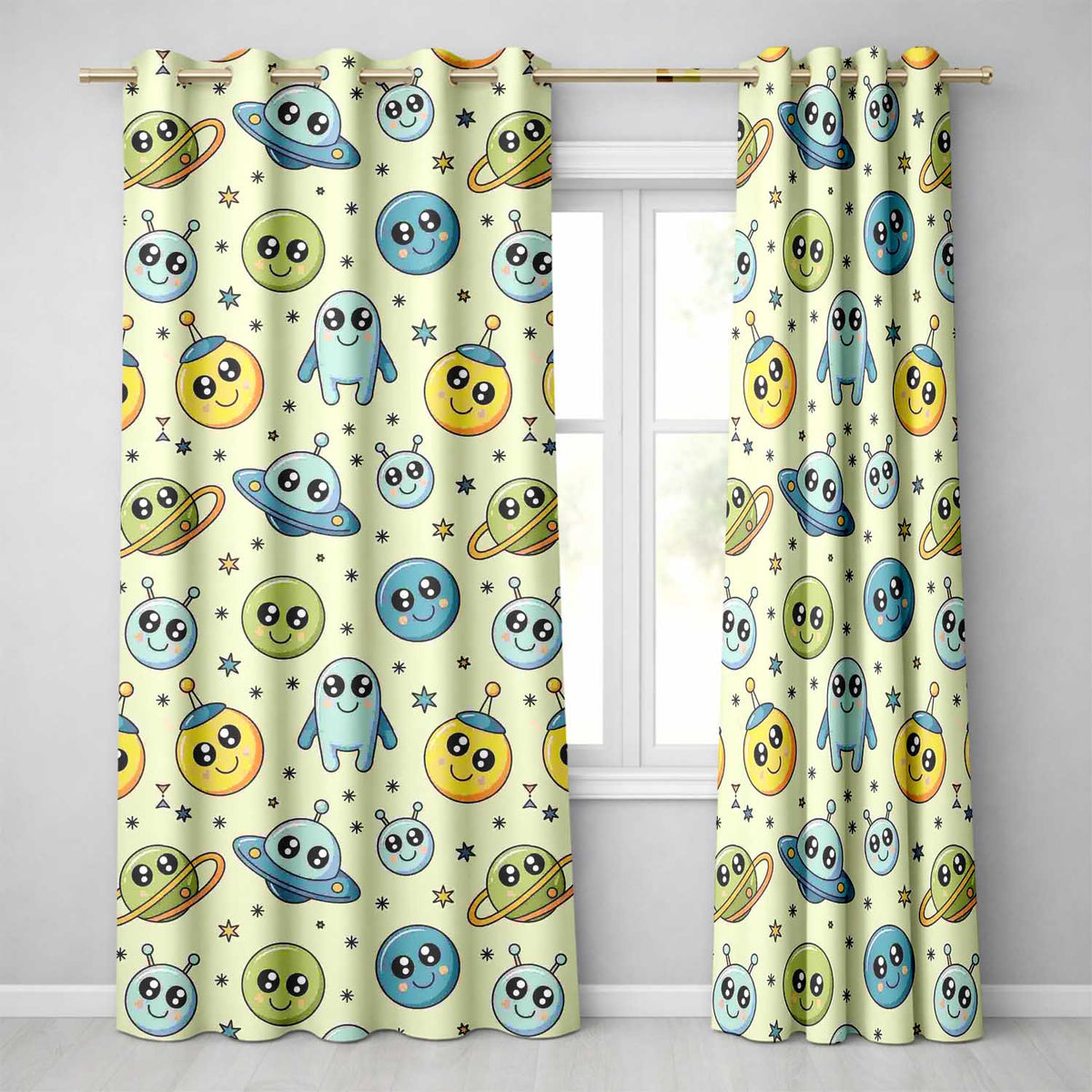 Cute Space Aliens Planets Stars Galaxy Fun Seamless Pattern  Readymade Eyelet Ring Top Thermal 100% Blackout Curtains