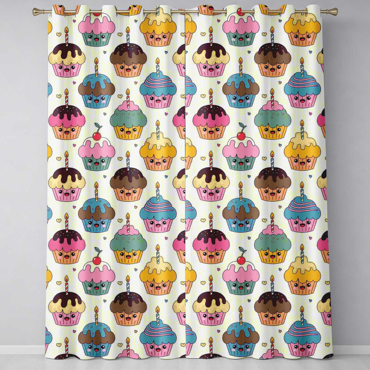 Cute Birthday Cupcakes Candles Sweet Treats Seamless Pattern  Readymade Eyelet Ring Top Thermal 100% Blackout Curtains