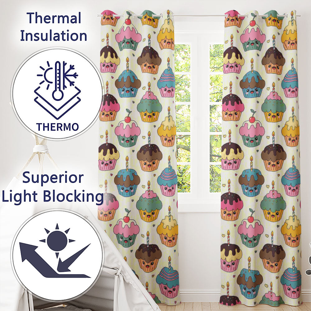 Cute Birthday Cupcakes Candles Sweet Treats Seamless Pattern  Readymade Eyelet Ring Top Thermal 100% Blackout Curtains