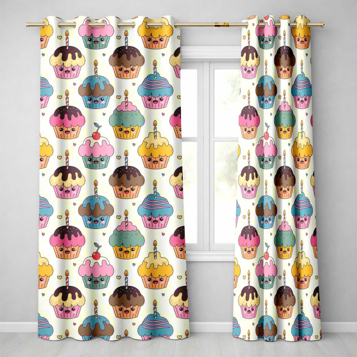 Cute Birthday Cupcakes Candles Sweet Treats Seamless Pattern  Readymade Eyelet Ring Top Thermal 100% Blackout Curtains