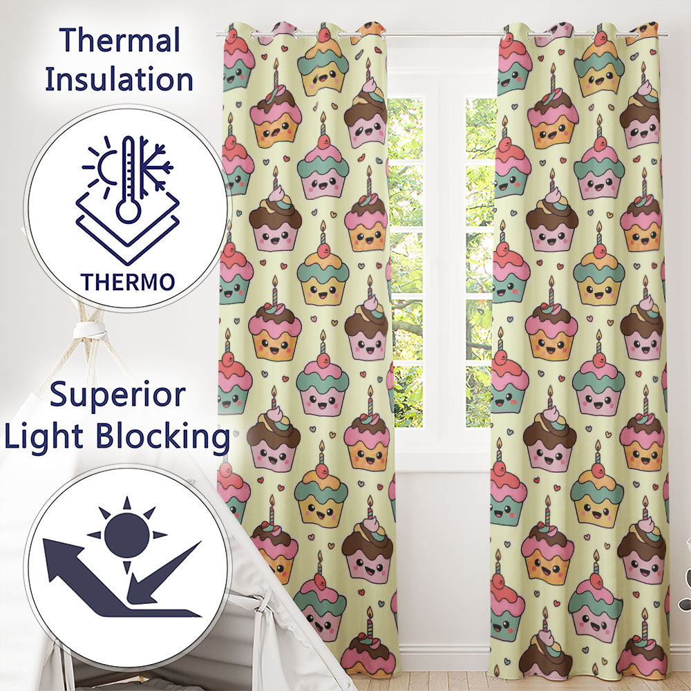Cute Kawaii Birthday Cupcakes Hearts Candle Sprinkles Pastel Seamless Pattern  Readymade Eyelet Ring Top Thermal 100% Blackout Curtains
