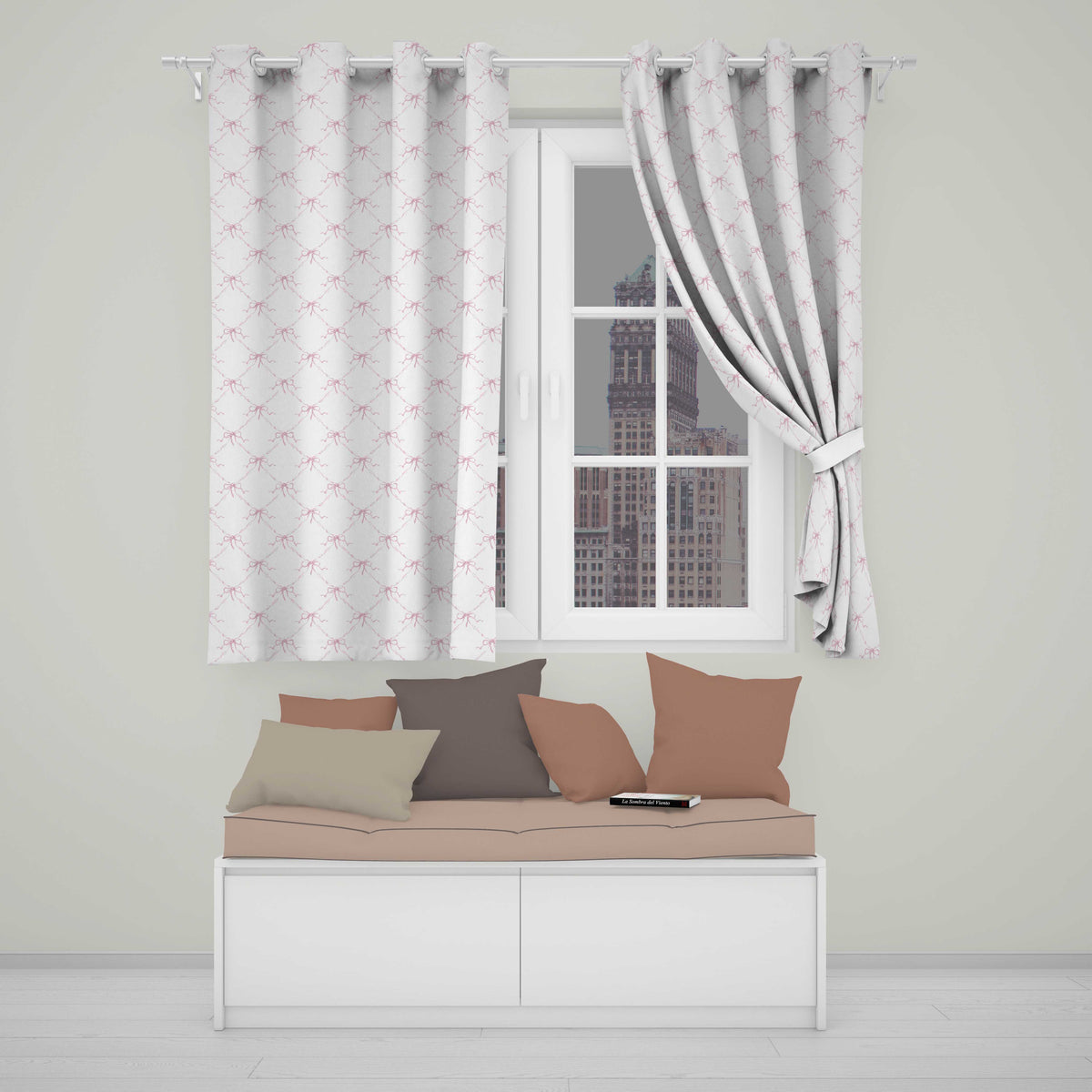 Soft Pink Ribbon Bow Lattice Elegant Seamless Pattern  Readymade Eyelet Ring Top Thermal 100% Blackout Curtains