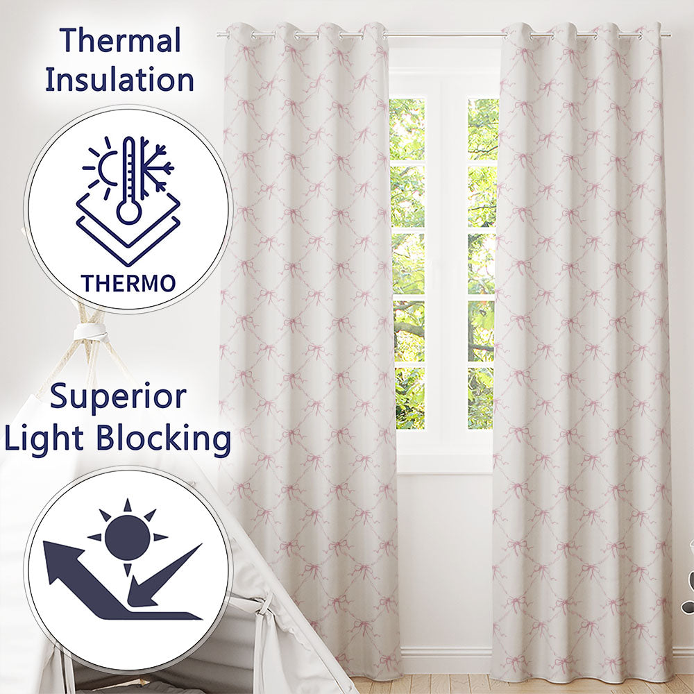 Soft Pink Ribbon Bow Lattice Elegant Seamless Pattern  Readymade Eyelet Ring Top Thermal 100% Blackout Curtains