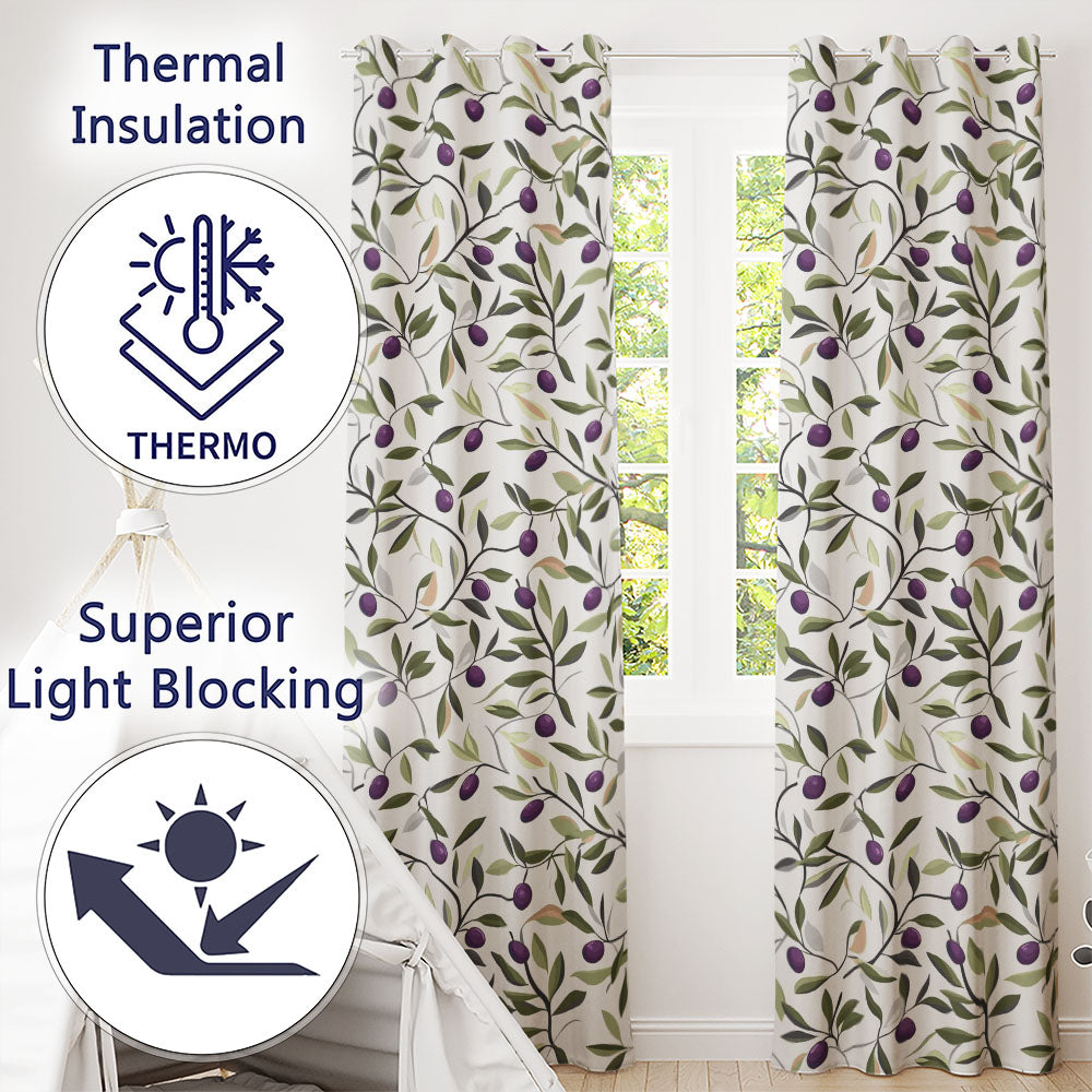 Olive Branch Purple Fruit Botanical Minimal Seamless Pattern  Readymade Eyelet Ring Top Thermal 100% Blackout Curtains