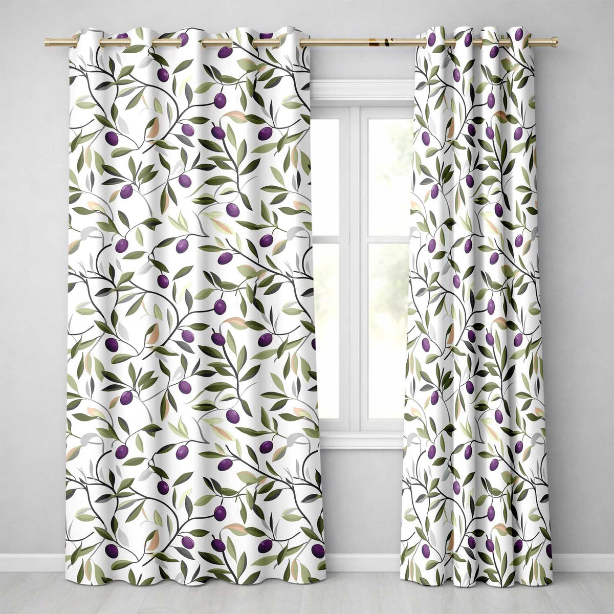 Olive Branch Purple Fruit Botanical Minimal Seamless Pattern  Readymade Eyelet Ring Top Thermal 100% Blackout Curtains