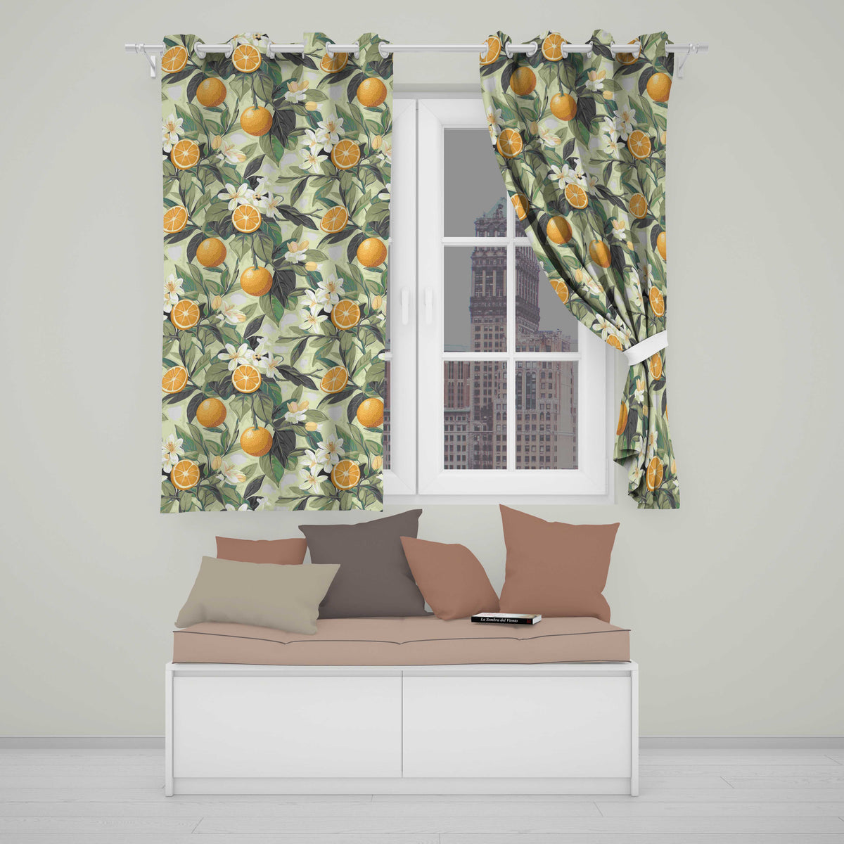 Orange Citrus Fruit Blossom Botanical Seamless Pattern  Readymade Eyelet Ring Top Thermal 100% Blackout Curtains