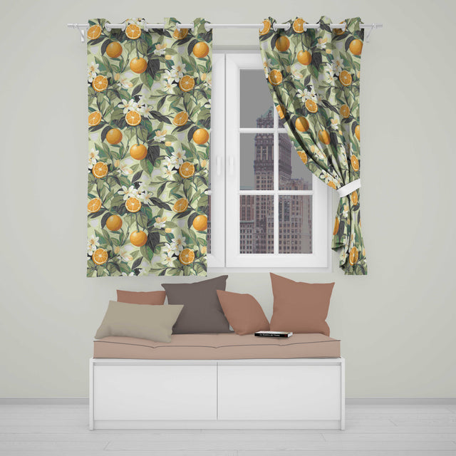 Orange Citrus Fruit Blossom Botanical Seamless Pattern  Readymade Eyelet Ring Top Thermal 100% Blackout Curtains