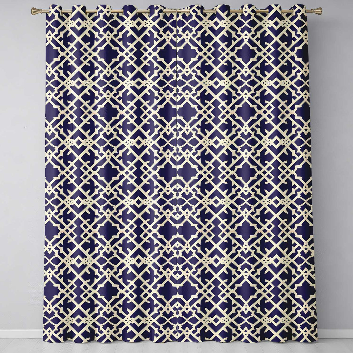 Navy Blue Moroccan Geometric Lattice Elegant Seamless Pattern  Readymade Eyelet Ring Top Thermal 100% Blackout Curtains