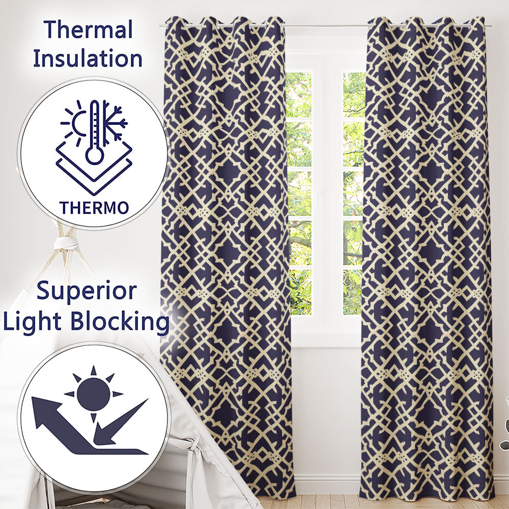Navy Blue Moroccan Geometric Lattice Elegant Seamless Pattern  Readymade Eyelet Ring Top Thermal 100% Blackout Curtains