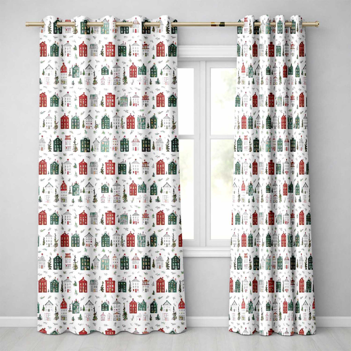 Watercolor Holiday Village Houses Snowy Christmas Town Seamless Pattern  Readymade Eyelet Ring Top Thermal 100% Blackout Curtains