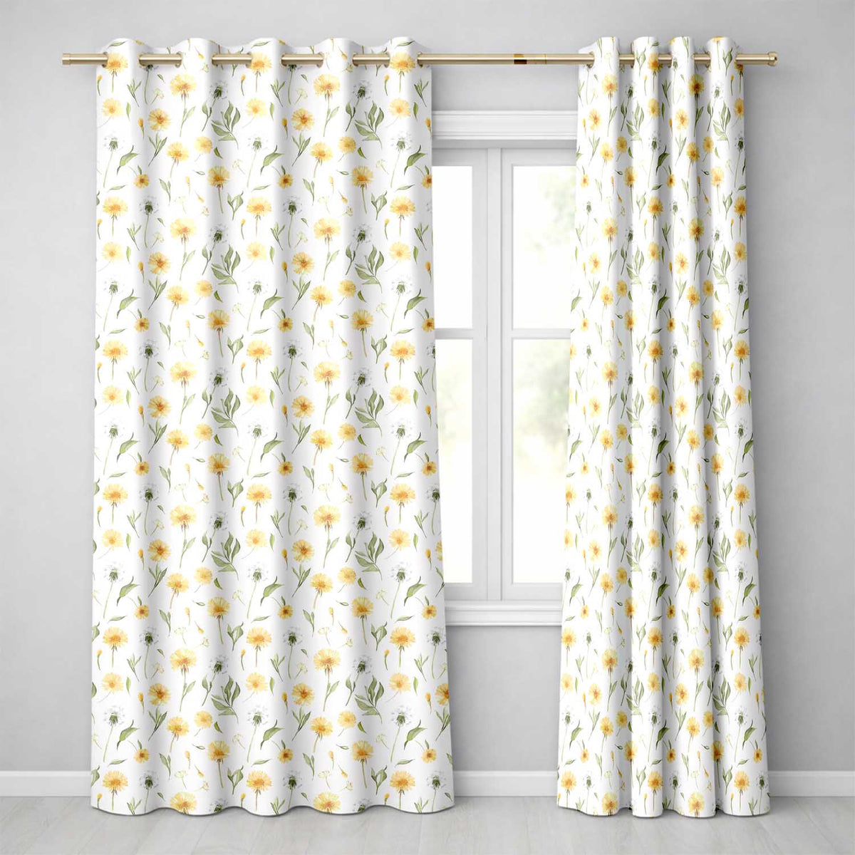 Yellow Dandelion Wildflower Botanical Seamless Pattern  Readymade Eyelet Ring Top Thermal 100% Blackout Curtains