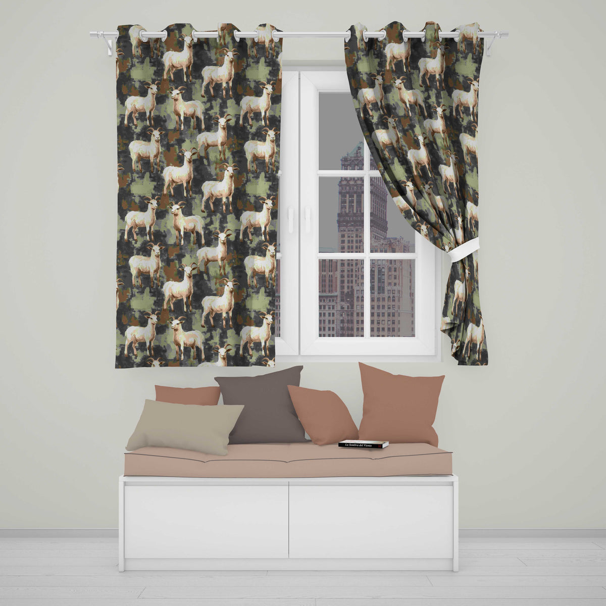 Rustic Farm Goat Animal Illustration Seamless Pattern  Readymade Eyelet Ring Top Thermal 100% Blackout Curtains