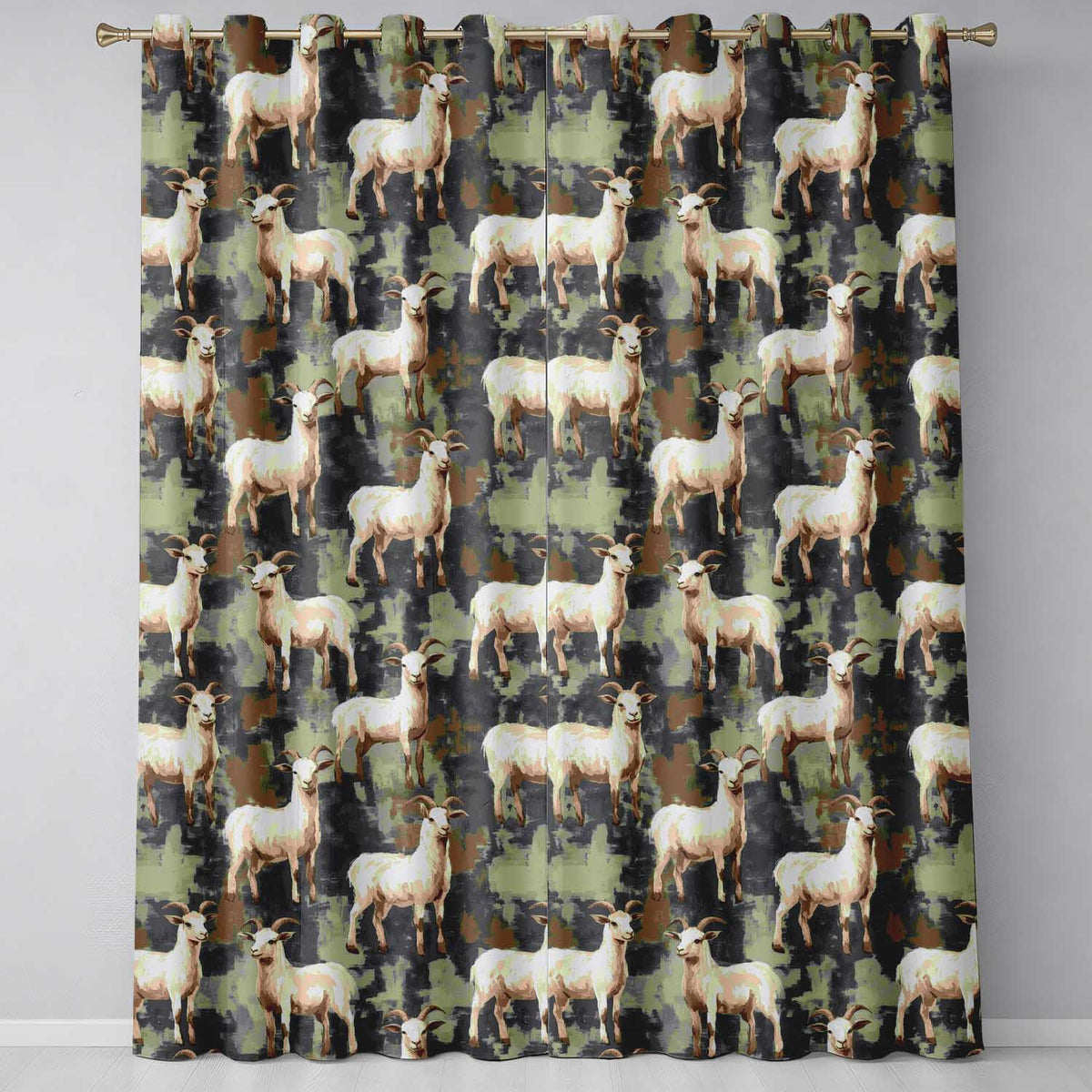 Rustic Farm Goat Animal Illustration Seamless Pattern  Readymade Eyelet Ring Top Thermal 100% Blackout Curtains