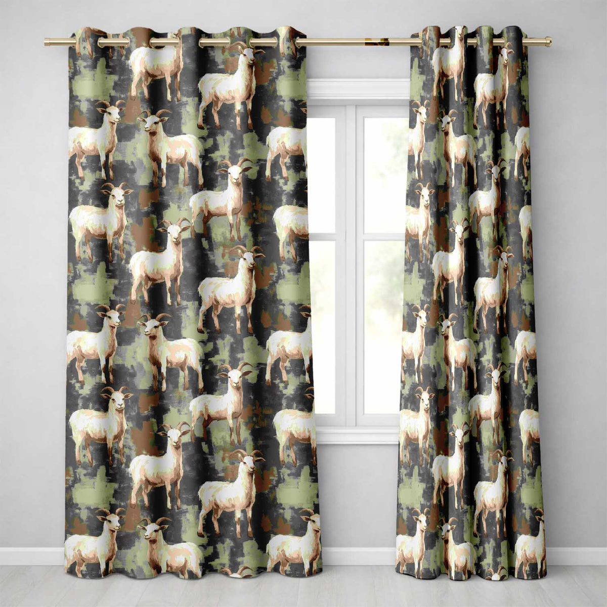 Rustic Farm Goat Animal Illustration Seamless Pattern  Readymade Eyelet Ring Top Thermal 100% Blackout Curtains