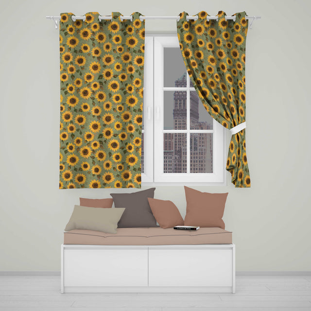 Golden Sunflower Floral on Textured Blue Background Seamless Pattern  Readymade Eyelet Ring Top Thermal 100% Blackout Curtains