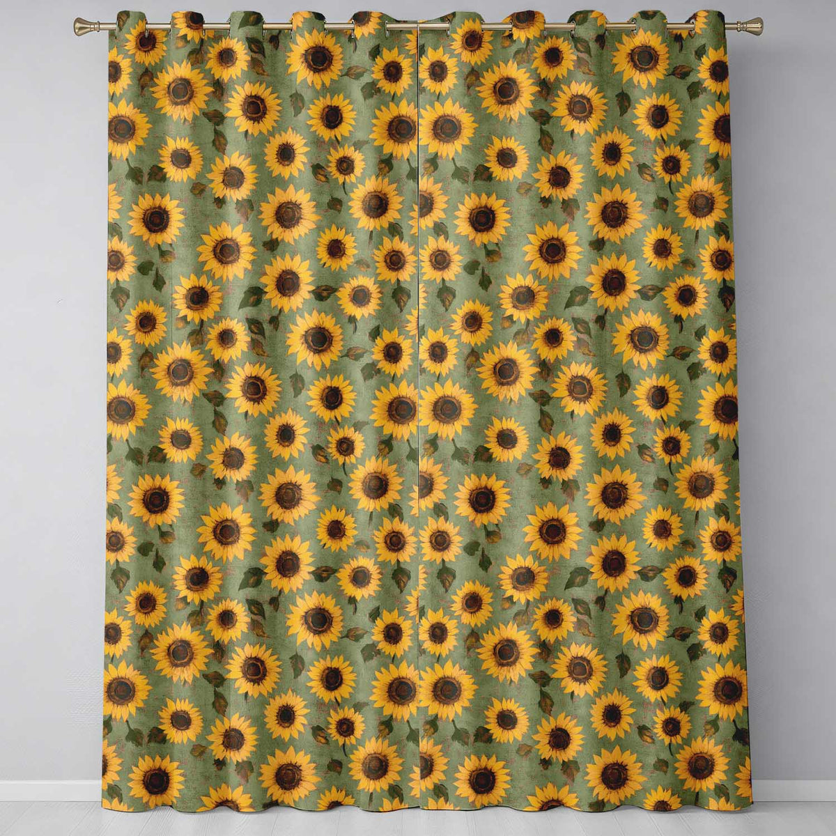 Golden Sunflower Floral on Textured Blue Background Seamless Pattern  Readymade Eyelet Ring Top Thermal 100% Blackout Curtains