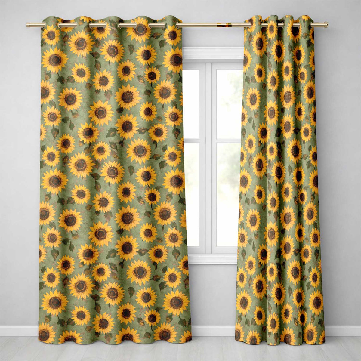 Golden Sunflower Floral on Textured Blue Background Seamless Pattern  Readymade Eyelet Ring Top Thermal 100% Blackout Curtains