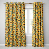 Golden Sunflower Floral on Textured Blue Background Seamless Pattern  Readymade Eyelet Ring Top Thermal 100% Blackout Curtains
