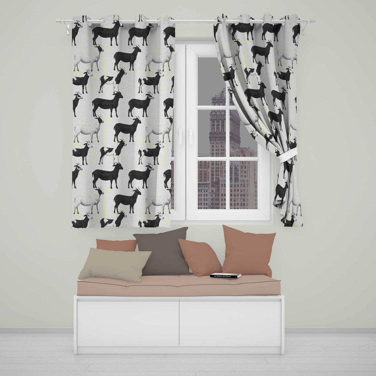 Minimal Goat Farm Animal Illustration Soft Neutral Seamless Pattern  Readymade Eyelet Ring Top Thermal 100% Blackout Curtains