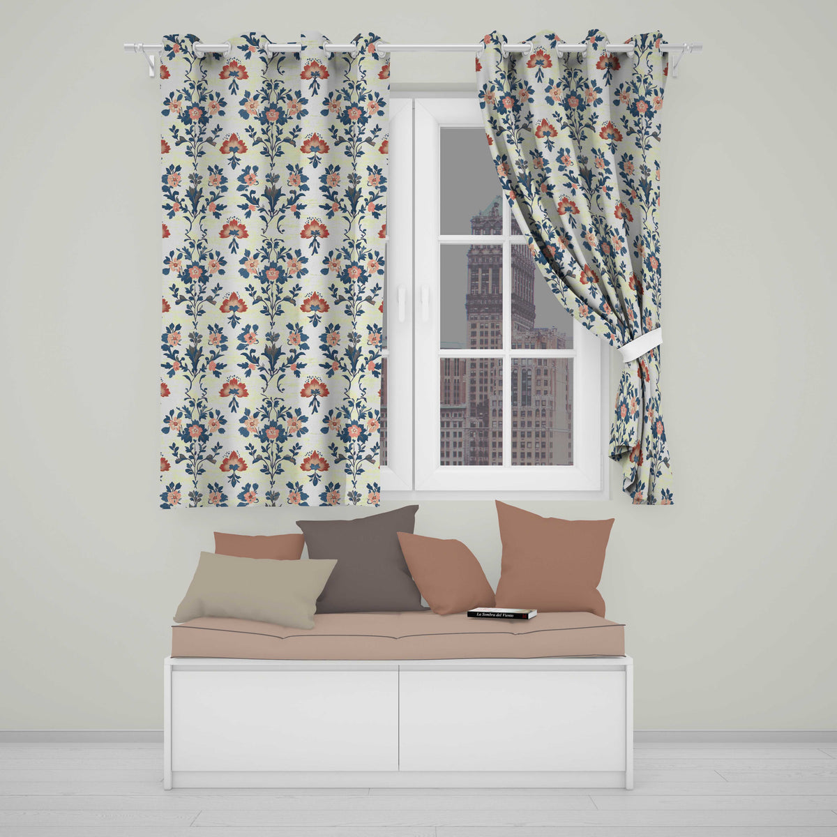 Traditional Blue Red Floral Folk Art Seamless Pattern  Readymade Eyelet Ring Top Thermal 100% Blackout Curtains
