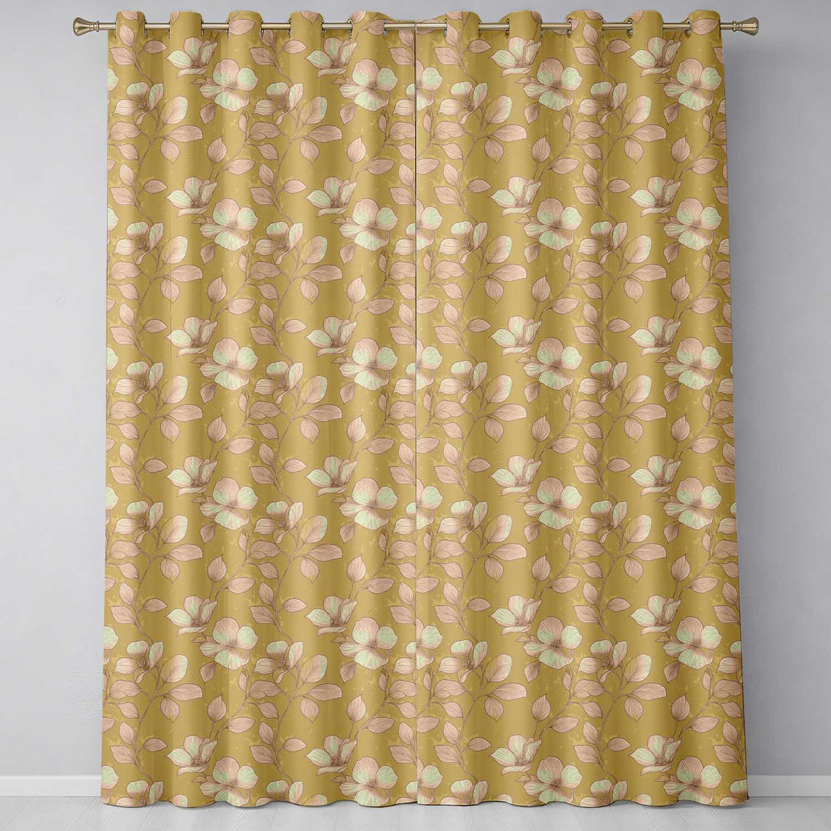Elegant Beige Floral Line Art Botanical Leaves Seamless Pattern Soft Neutral  Readymade Eyelet Ring Top Thermal 100% Blackout Curtains