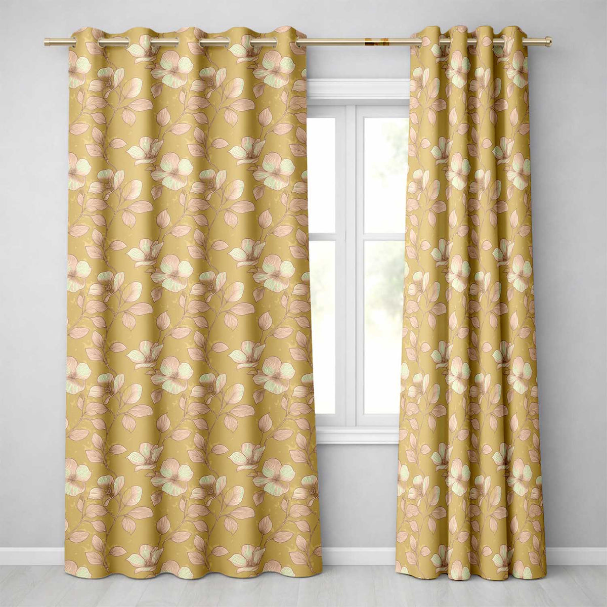 Elegant Beige Floral Line Art Botanical Leaves Seamless Pattern Soft Neutral  Readymade Eyelet Ring Top Thermal 100% Blackout Curtains