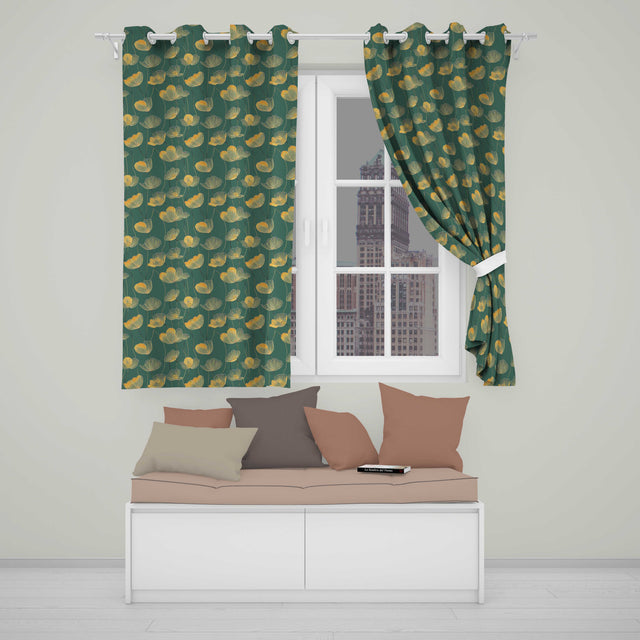 Art Deco Inspired Gold Floral Outline on Deep Teal Background Seamless Pattern  Readymade Eyelet Ring Top Thermal 100% Blackout Curtains