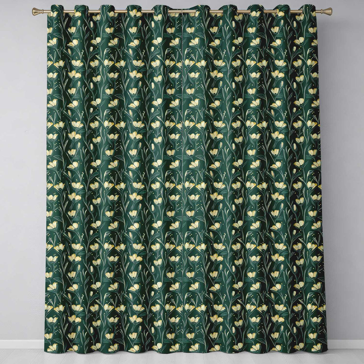 Elegant Dark Teal Floral Wildflower Pattern with Soft Yellow  Seamless Design  Readymade Eyelet Ring Top Thermal 100% Blackout Curtains