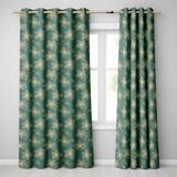 Luxury Teal Background Gold Line Art Floral Blossoms Seamless Botanical Pattern  Readymade Eyelet Ring Top Thermal 100% Blackout Curtains