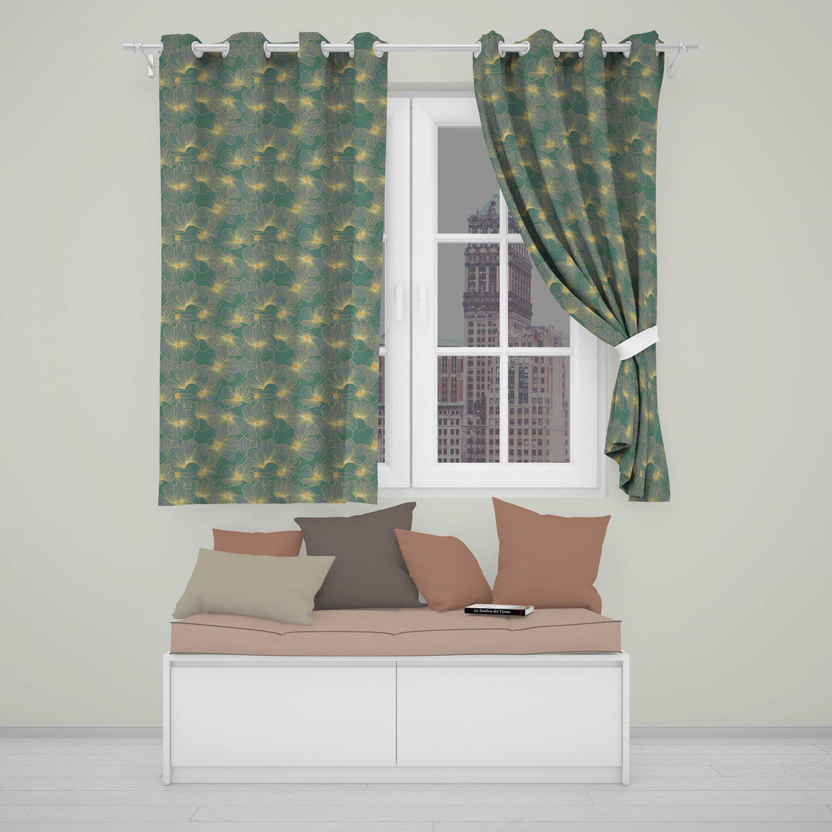Artistic Teal Floral Outline Pattern with Large Gold Detailed Blossoms Seamless  Readymade Eyelet Ring Top Thermal 100% Blackout Curtains