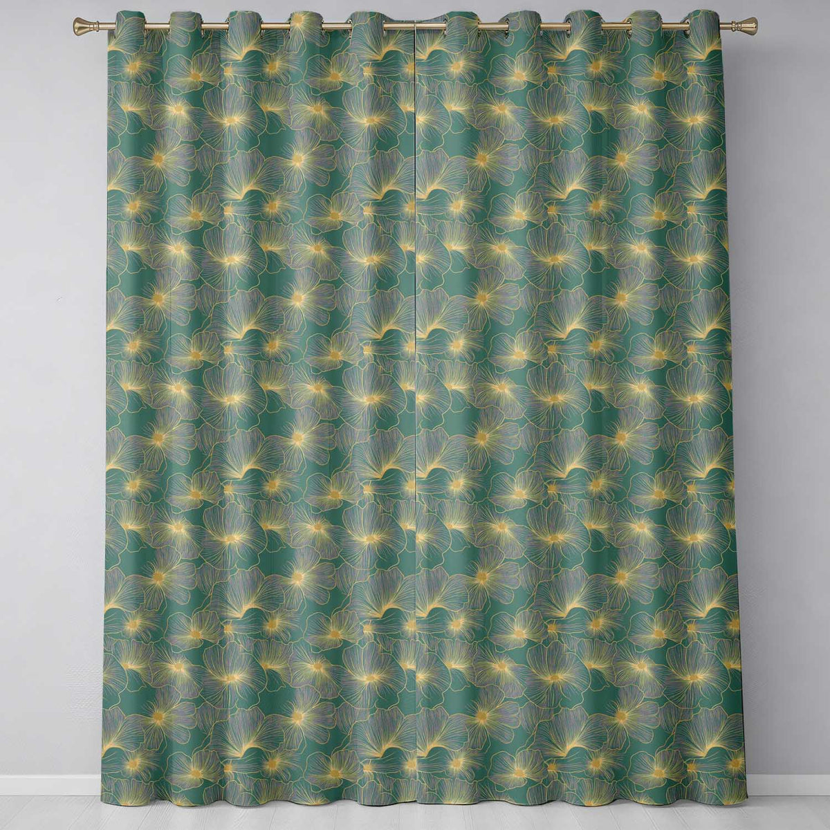Artistic Teal Floral Outline Pattern with Large Gold Detailed Blossoms Seamless  Readymade Eyelet Ring Top Thermal 100% Blackout Curtains