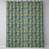 Artistic Teal Floral Outline Pattern with Large Gold Detailed Blossoms Seamless  Readymade Eyelet Ring Top Thermal 100% Blackout Curtains