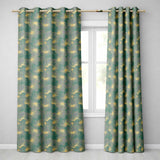 Artistic Teal Floral Outline Pattern with Large Gold Detailed Blossoms Seamless  Readymade Eyelet Ring Top Thermal 100% Blackout Curtains