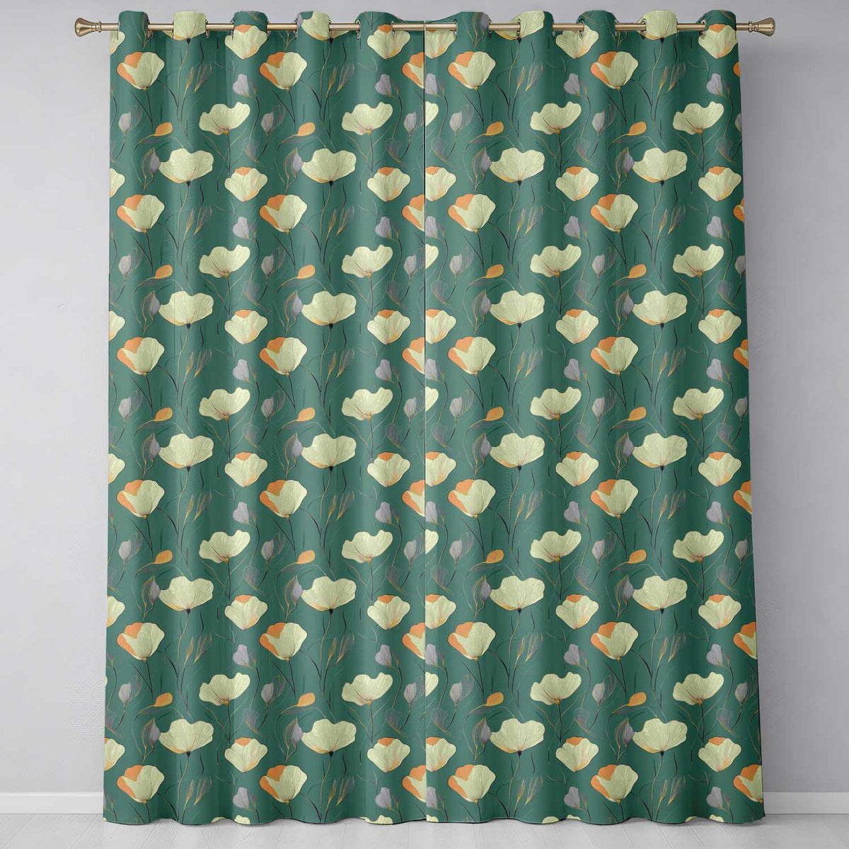 Contemporary Teal Botanical Pattern with Soft Cream , Mustard Flowers Seamless  Readymade Eyelet Ring Top Thermal 100% Blackout Curtains