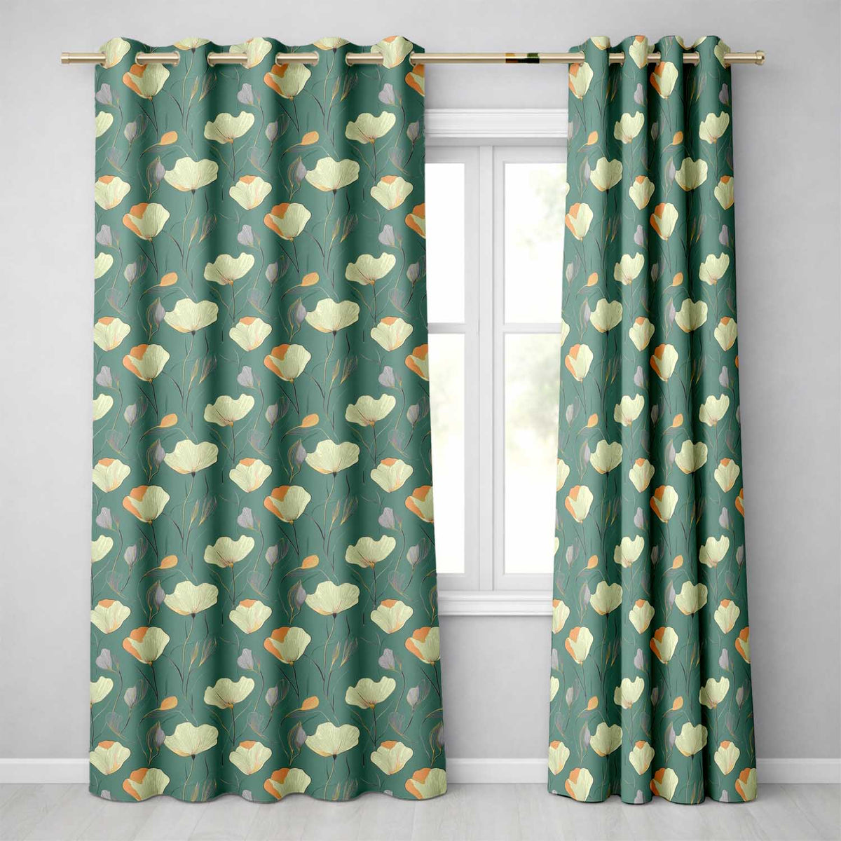 Contemporary Teal Botanical Pattern with Soft Cream , Mustard Flowers Seamless  Readymade Eyelet Ring Top Thermal 100% Blackout Curtains