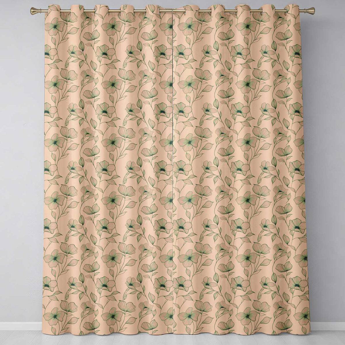 Vintage Beige Floral Botanical Pattern with Fine Line Art Leaves Seamless  Readymade Eyelet Ring Top Thermal 100% Blackout Curtains