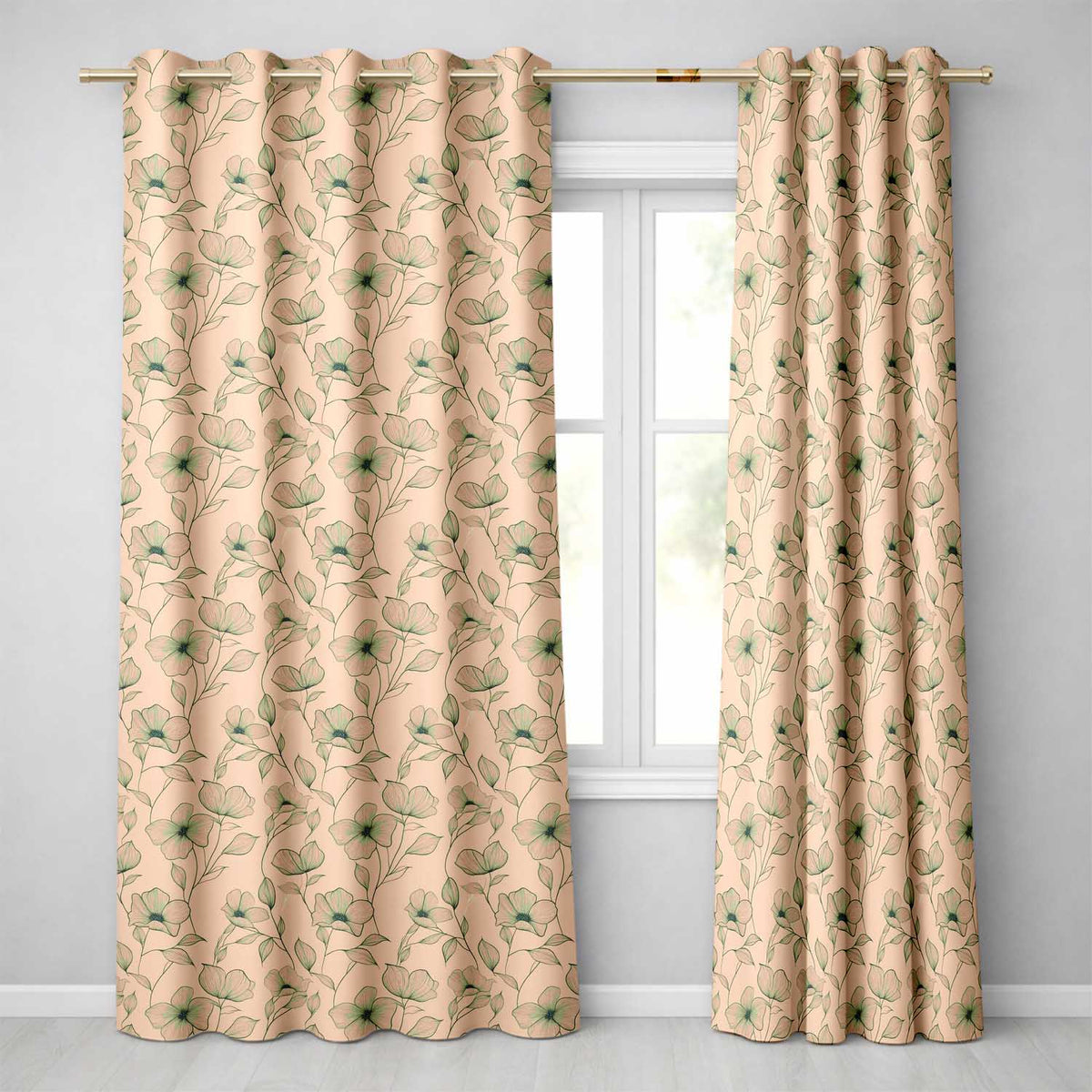 Vintage Beige Floral Botanical Pattern with Fine Line Art Leaves Seamless  Readymade Eyelet Ring Top Thermal 100% Blackout Curtains