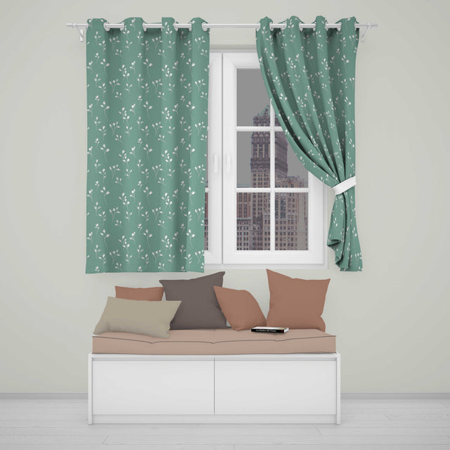 Minimalist Sage Green Floral Bud Pattern with Delicate White Line Art Seamless  Readymade Eyelet Ring Top Thermal 100% Blackout Curtains