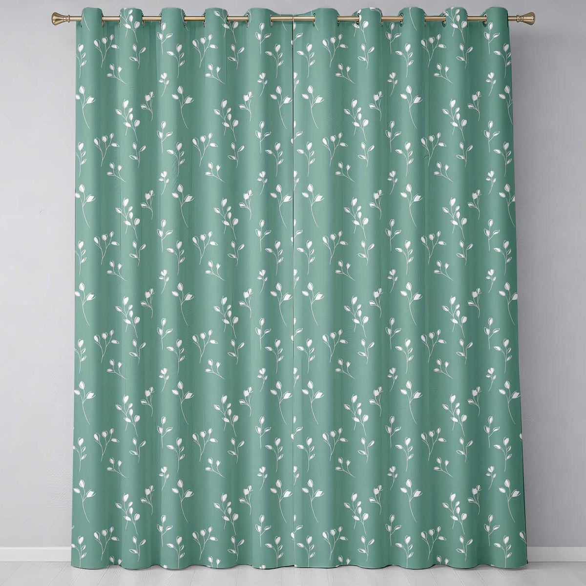 Minimalist Sage Green Floral Bud Pattern with Delicate White Line Art Seamless  Readymade Eyelet Ring Top Thermal 100% Blackout Curtains