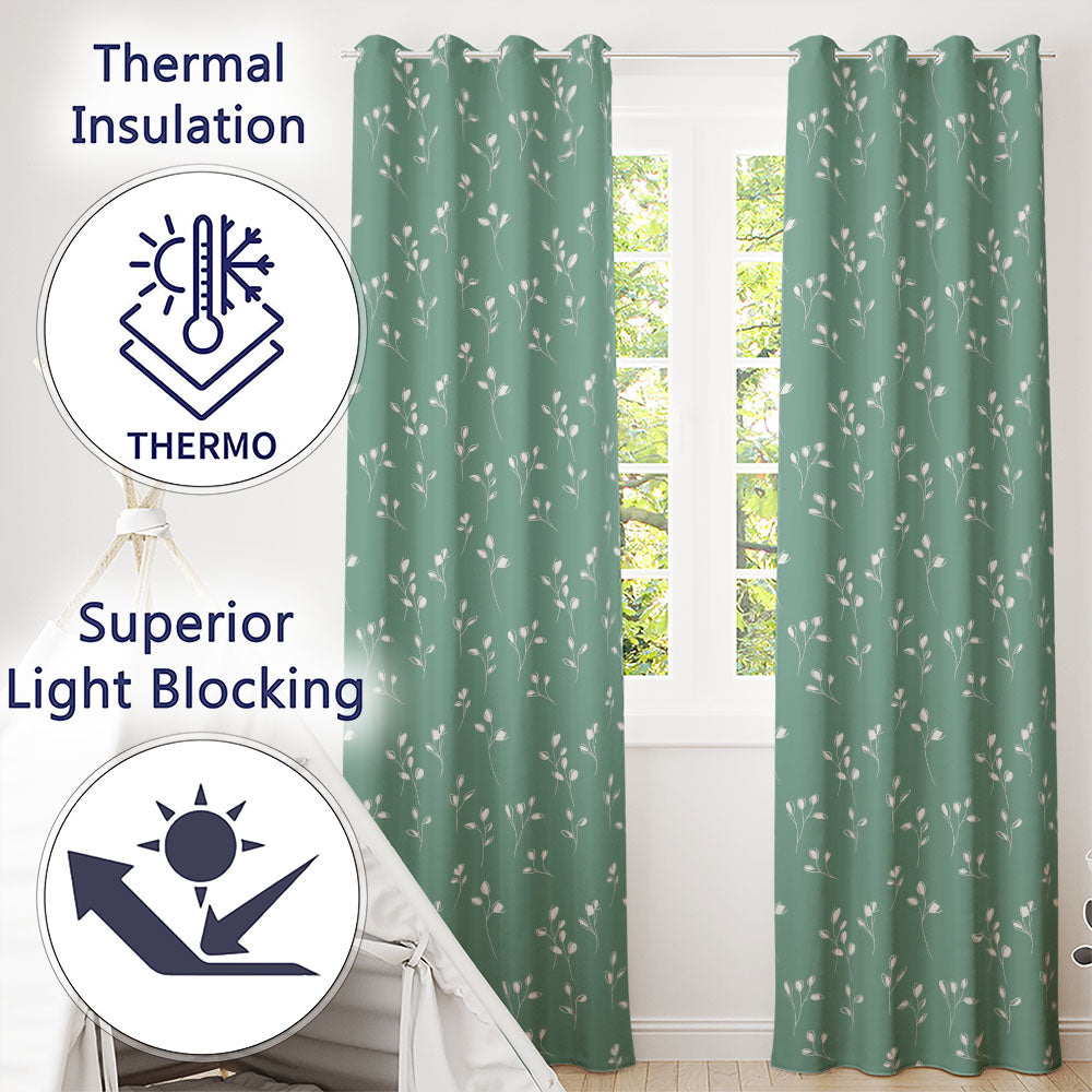 Minimalist Sage Green Floral Bud Pattern with Delicate White Line Art Seamless  Readymade Eyelet Ring Top Thermal 100% Blackout Curtains