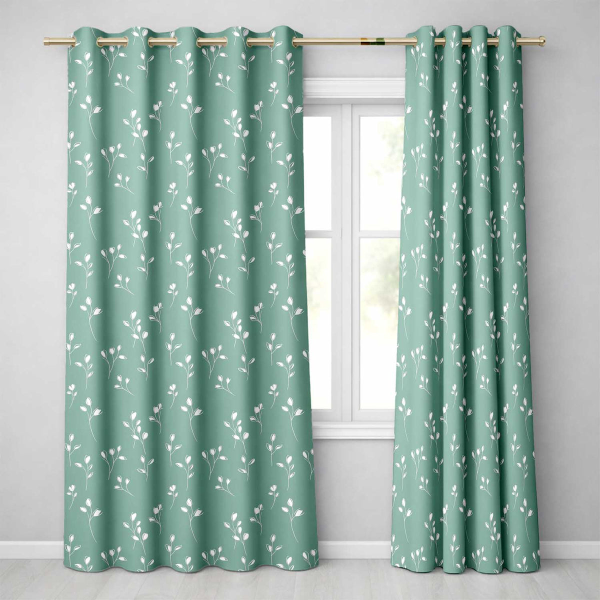 Minimalist Sage Green Floral Bud Pattern with Delicate White Line Art Seamless  Readymade Eyelet Ring Top Thermal 100% Blackout Curtains